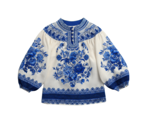 Traditional floral embroidered blouse fashion showcase textile front view isolated on transparent background, png