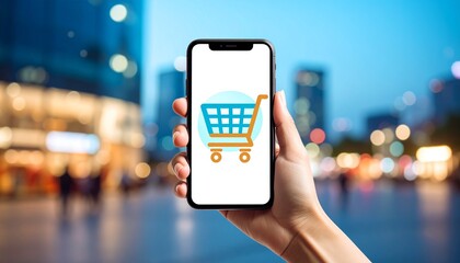 Online shopping and e-commerce concept with a person holding a smartphone showing a shopping cart icon against a blurred city background