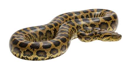A robust green or yellow anaconda snake with intricate brown, black, and yellowish-green scales, stretching and coiling on a pure stark white studio background with a clear shadow, illuminated by