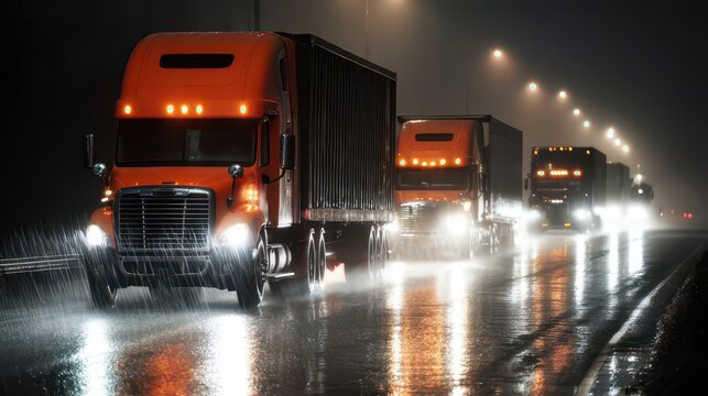 Trucks driving on highway at night in the rain