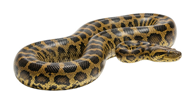 A robust green or yellow anaconda snake with intricate brown, black, and yellowish-green scales, stretching and coiling on a pure stark white studio background with a clear shadow, illuminated by