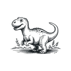 Fototapeta premium Engraved Tyrannosaurus Rex Standing in Field of Grass Outline Illustration. Hand drawn vector illustration