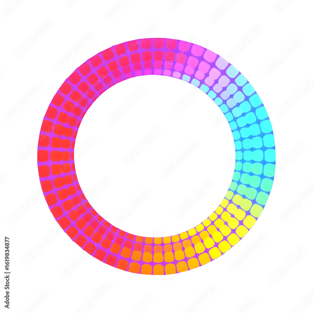 Poster a vibrant circular gradient mosaic design with a rainbow spectrum against a clean transparent backgr