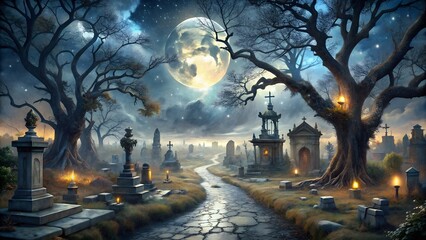A haunting halloween night scene in a spooky cemetery under a large full moon, with bare trees, glowing lanterns, and ancient tombstones lining a winding path