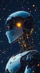 Advanced AI cyborg with a glowing eye, showcasing the future of robotics and the concept of digital consciousness in a high-tech world.