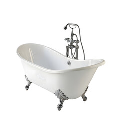 Naklejka premium Elegant freestanding clawfoot bathtub with ornate chrome fixtures and decorative detailing, perfect for luxurious spa bathrooms and vintage home renovations.&nbsp;transparent background Png