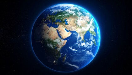Obraz premium A detailed, realistic depiction of Earth from space, showcasing continents, oceans, and city lights at night