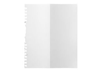 A pristine blank white paper sheet with a torn perforated left edge and subtle vertical fold, isolated on a transparent background with even studio light, captured from a high angle in a macro shot.