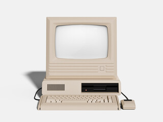 Retro Computer Screen Mockup with Keyboard and Mouse. 3d rendering.