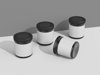 3D Rendering of Four Glas Jar Mockup with Sticker Label