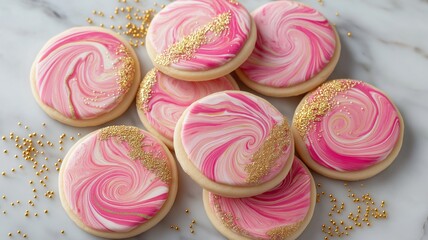 Colorful swirled cookies display vibrant pink and white designs on a marble surface.