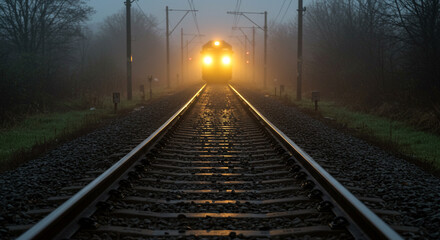 Nature Background Background foggy train tracks at night with bright headlight approaching in the distance view 90