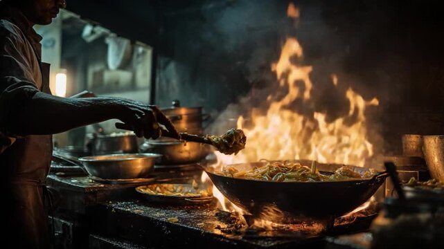 Culinary Flames: A skilled chef orchestrates a symphony of flavors, deftly tossing ingredients in a wok amidst roaring flames, crafting a culinary masterpiece.