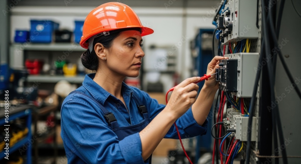 Poster electrical engineer wearing an orange hardhat and blue overalls is using a multimeter to check the e