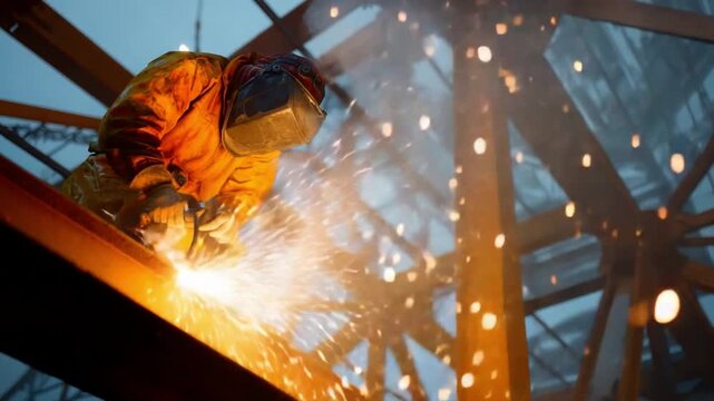 Steel worker welding with sparks flying: A skilled construction worker welds steel beams with vibrant sparks illuminating the scene