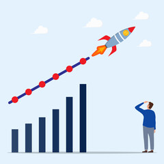 Businessman look at dollar coin rocket flying high on bar graph. Concept of economic increase and startup growth.