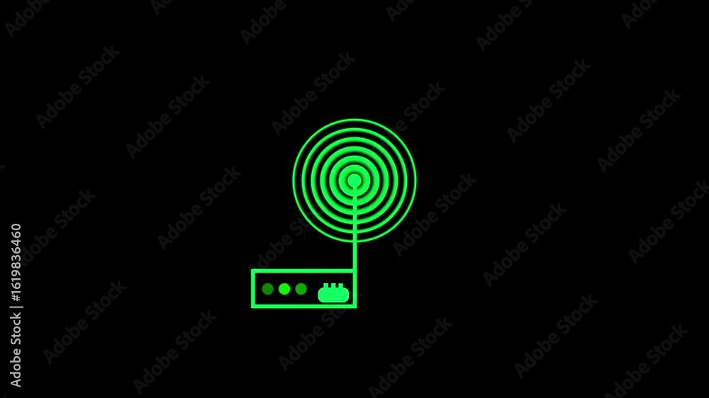 Poster wi - fi router icon with radio wave signal animated on a black background. glowing wifi and readio w