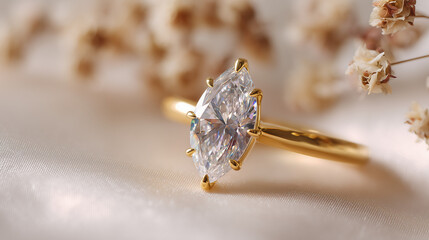 Elegant gold ring with marquise-cut diamond on soft background  