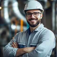 Portrait of factory worker. Young handsome factory worker.