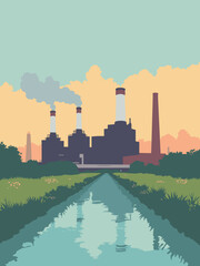 Scunthorpe, United Kingdom – Steelworks chimneys and canal towpath in smokestack gray, water teal, grass green, and dawn orange