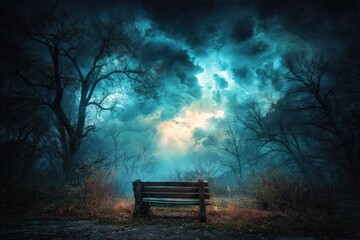 A lone bench sits in a dark, moody forest under a stormy sky