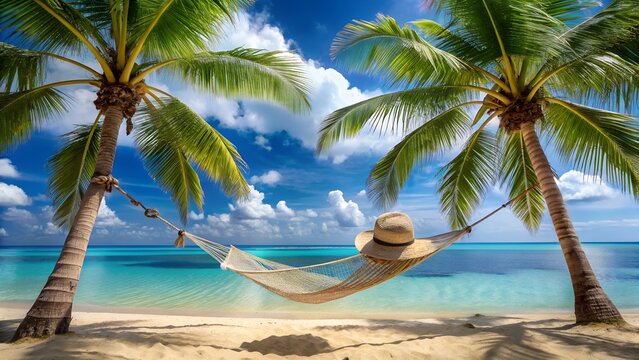 Relaxing in a hammock strung between two palm trees on a tropical beach with the turquoise ocean and blue sky in the background