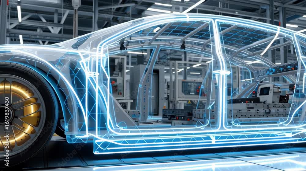 Poster futuristic car design showcasing transparent structure with illuminated features and intricate
