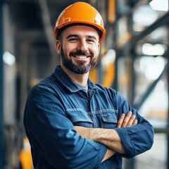 Portrait of factory worker. Young handsome factory worker.