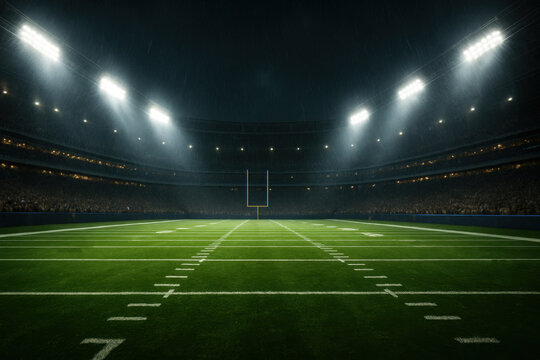 Photorealistic night view of empty American football stadium under bright floodlights during rain, green field and goalposts centered. Concept of sports venue, anticipation, competitive atmosphere.