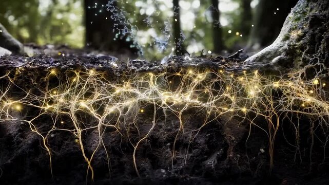 Complex web of mycelium intertwining below the forest floor during early morning light highlighting its vital role in the ecosystem
