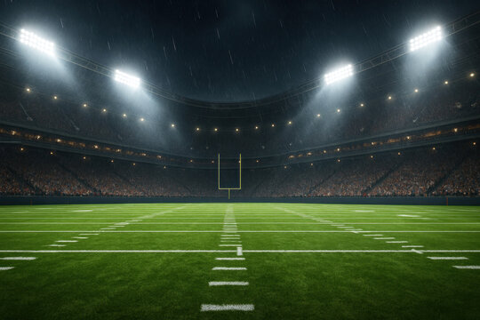 Photorealistic night view of empty American football stadium under bright floodlights during rain, green field and goalposts centered. Concept of sports venue, anticipation, competitive atmosphere.