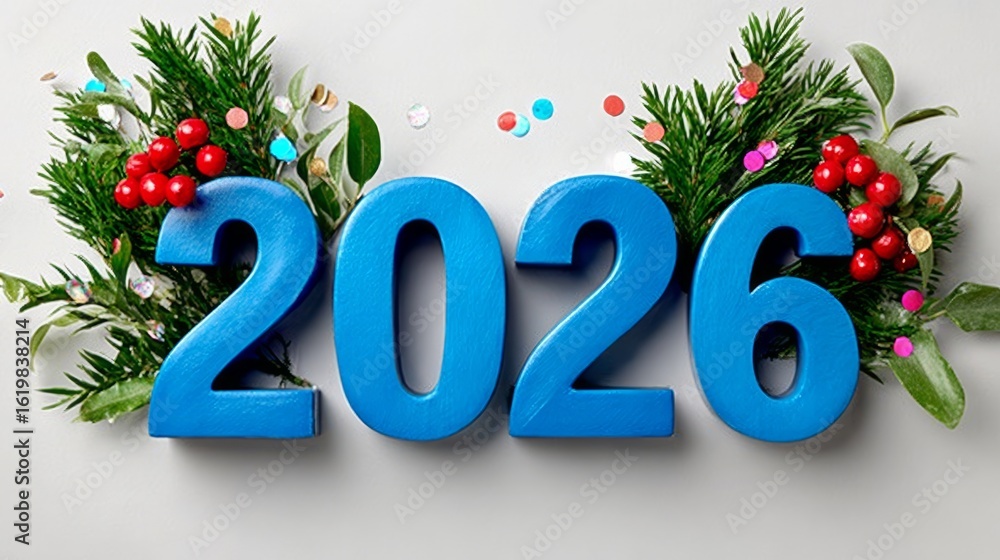 Poster blue and red christmas tree with the number twenty-six on it. the tree is surrounded by red berries 