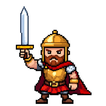 Fototapeta Pixel art warrior character with sword and helmet ready for battle in a medieval fantasy game isolated on transparent background