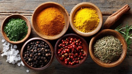 Fototapeta premium Aromatic Herb and Spice Variety: A culinary still life of diverse spices and herbs, each arranged in individual wooden bowls against the backdrop of a rustic table.