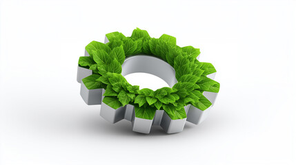 A gear with green leaves symbolizing green technology innovation and sustainable industry