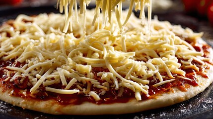 Pizza Preparation: Capturing the anticipation of deliciousness, grated cheese cascade elegantly onto the base of a homemade pizza, promising a satisfying culinary experience.