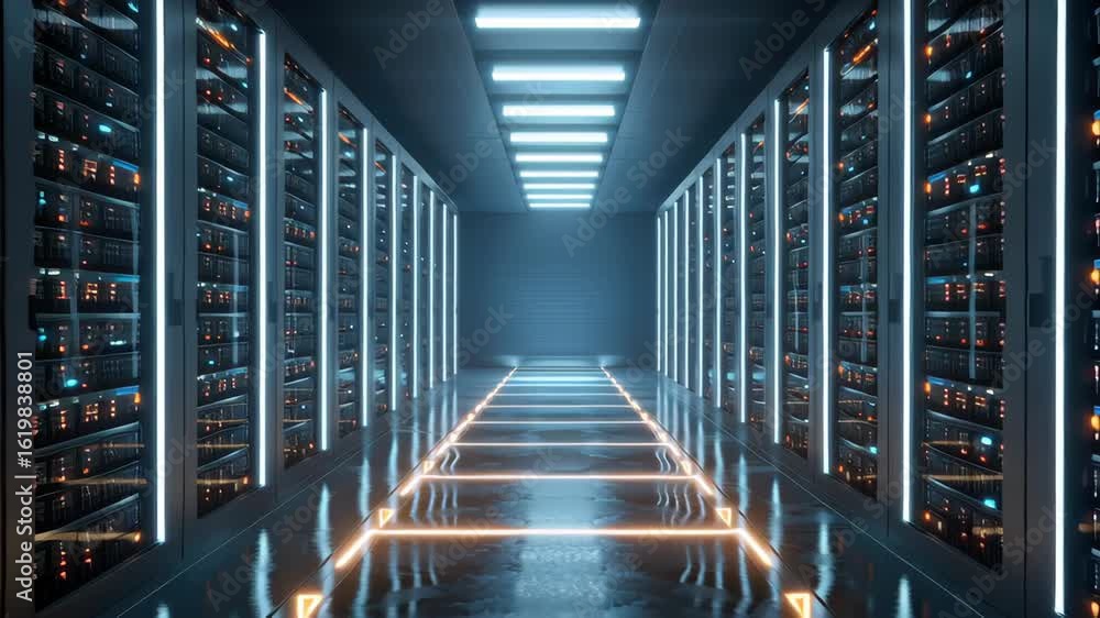 Poster modern data center featuring illuminated servers and high tech storage solutions