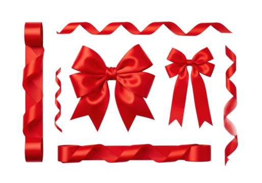 Vibrant red satin ribbons and elegant red bows, including a large classic bow and a smaller one with flowing tails, artfully arranged on a pristine transparent background with copy space, top-down