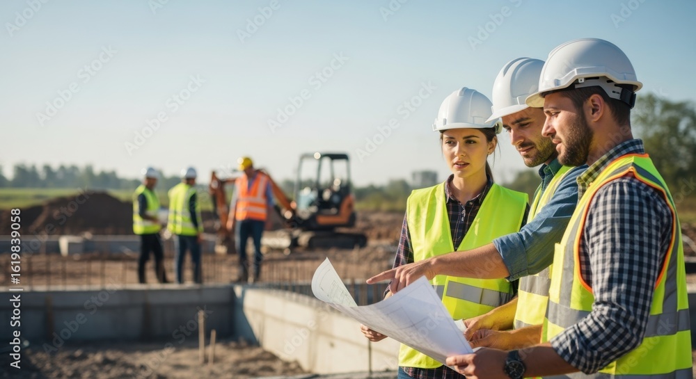 Poster engineers coordinating with construction workers during early phase of building development.