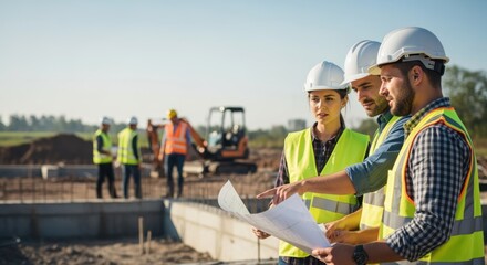 Engineers coordinating with construction workers during early phase of building development.