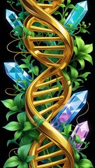 Golden DNA strands with crystals and pretty leaves