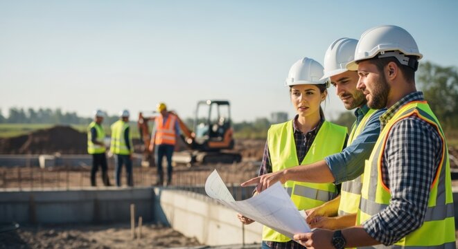 Engineers coordinating with construction workers during early phase of building development. - Powered by Adobe