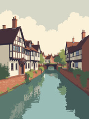Fototapeta premium Shrewsbury, United Kingdom – Tudor timber houses along Wyle Cop canal in timber brown, plaster cream, water green, and sky gray