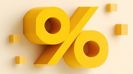 Bright Yellow Discount Percent Sign with 3D Effect and Transparent Background