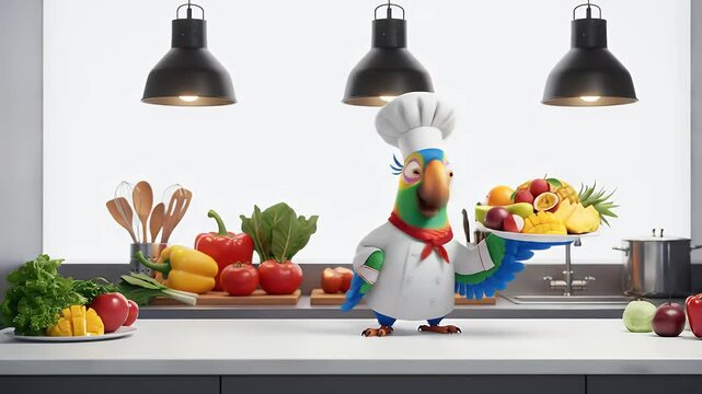 Cartoon Parrot Chef Holding Tropical Fruit, Suitable For Food Animations Or Children&rsquo;s Cooking Content