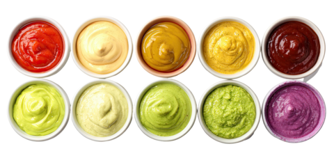 Nine small white bowls filled with various colorful sauces
