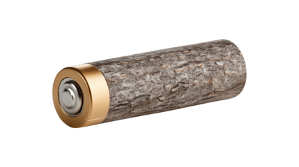 A battery with a wood bark texture symbolizing green energy technology and renewable solutions