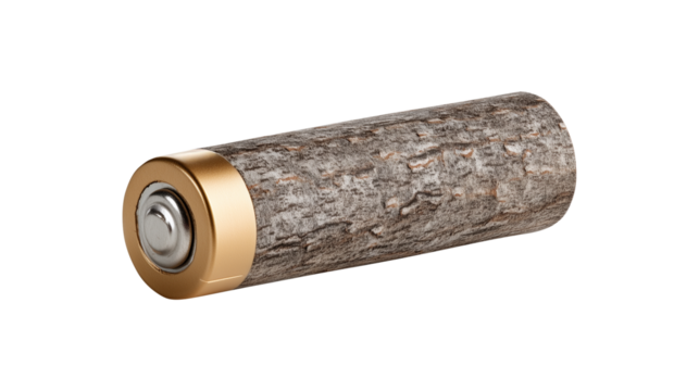 A battery with a wood bark texture symbolizing green energy technology and renewable solutions