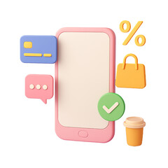 Modern smartphone for online shopping and secure payment methods with discounts and chat bubbles...