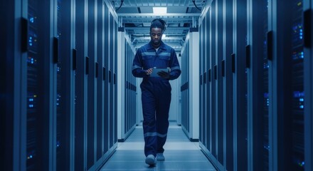 Black it specialist is walking in data center and controlling server cabinets using tablet computer, big data processing and cloud computing, digital technologies concept